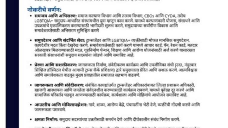 नंदुरबारमध्ये रोजगाराची संधी! — LGBTQIA+ सक्षमीकरणासाठी ‘ट्रान्स सेल समन्वयक (EDP)’ पदासाठी भरती सुरू