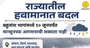 राज्यातील हवामानात बदल होत असून बहुतांश भागांमध्ये १० जूनपर्यंत मान्सून च्या आगमनाची शक्यता कमी आहे.