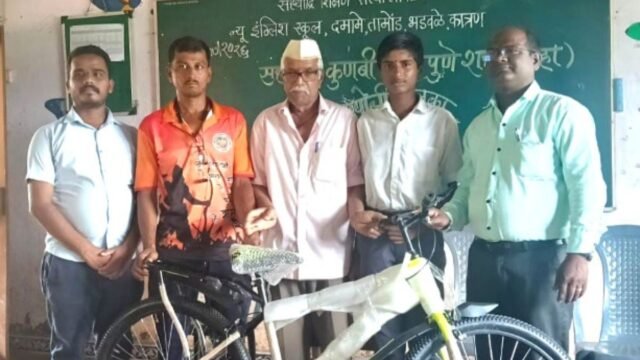 Free bicycle distribution to a needy student, organized by the Khed-Dapoli-Chiplun-Sangameshwar branch of the Sahyadri Kunbi Sangh, Pune City (Maharashtra).