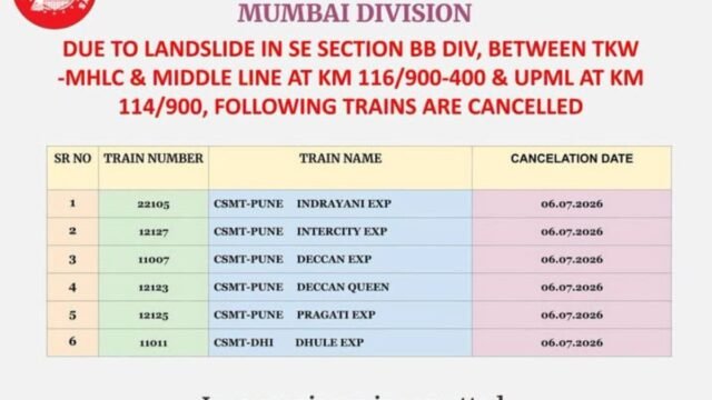 Sections of the railway track between Khandala, Monkey Hill, and Thakurwadi have been closed to traffic due to the washing onto the tracks of stones and soil at certain locations.